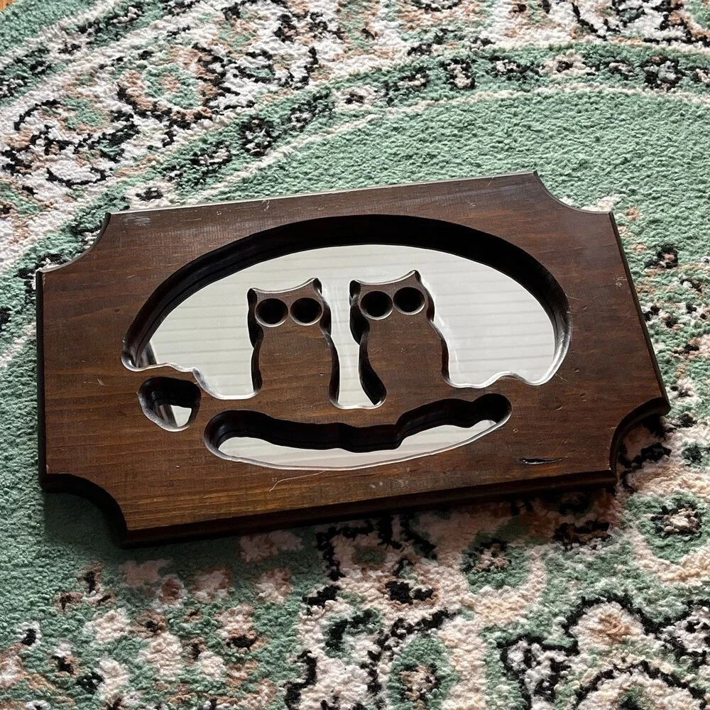 VTG Hand Carved Wooden Owl Wall Mirror Mid Century Rustic Cabin Decor 18
